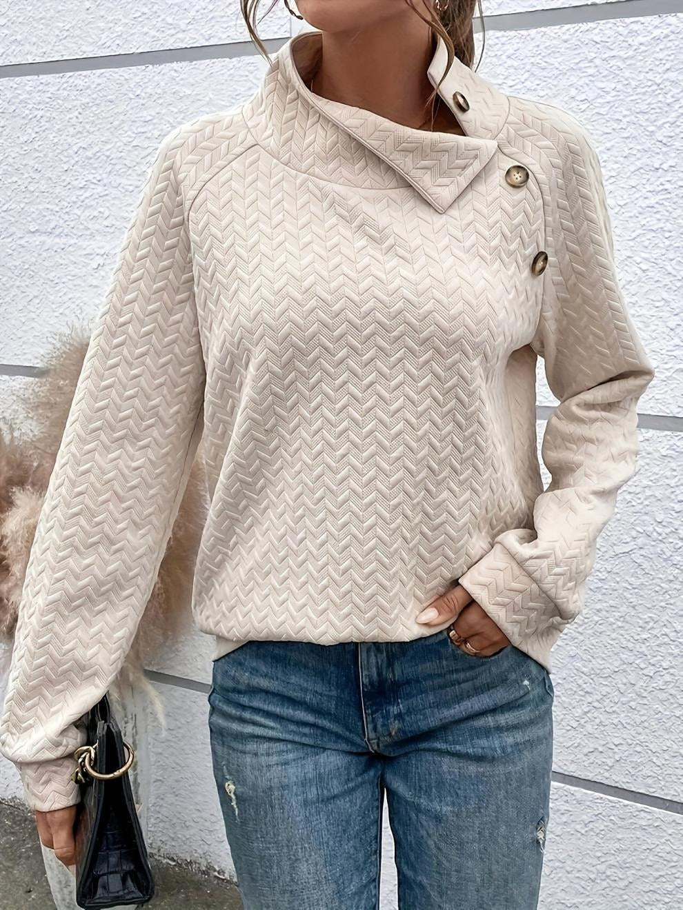 Dames Trui Chevron Gebreid Textuur Knopen Losse Pasvorm Wit