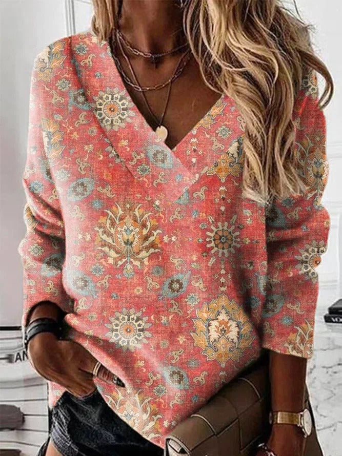 Sweater Dames V Hals Losse Pasvorm Ornamentale Print Katoenmix Oranje