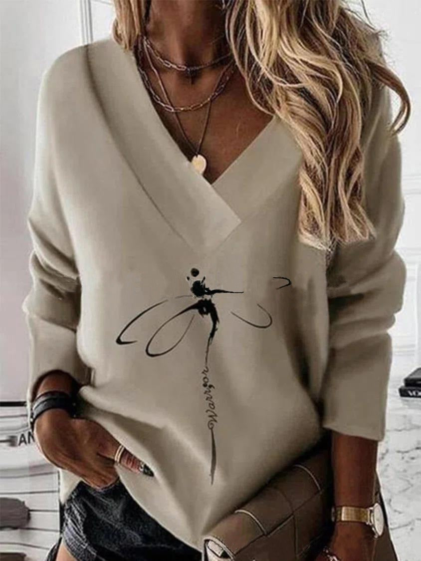 Sweater Dames V Hals Losse Pasvorm Ornamentale Print Katoenmix Khaki