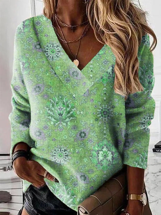 Sweater Dames V Hals Losse Pasvorm Ornamentale Print Katoenmix Groen