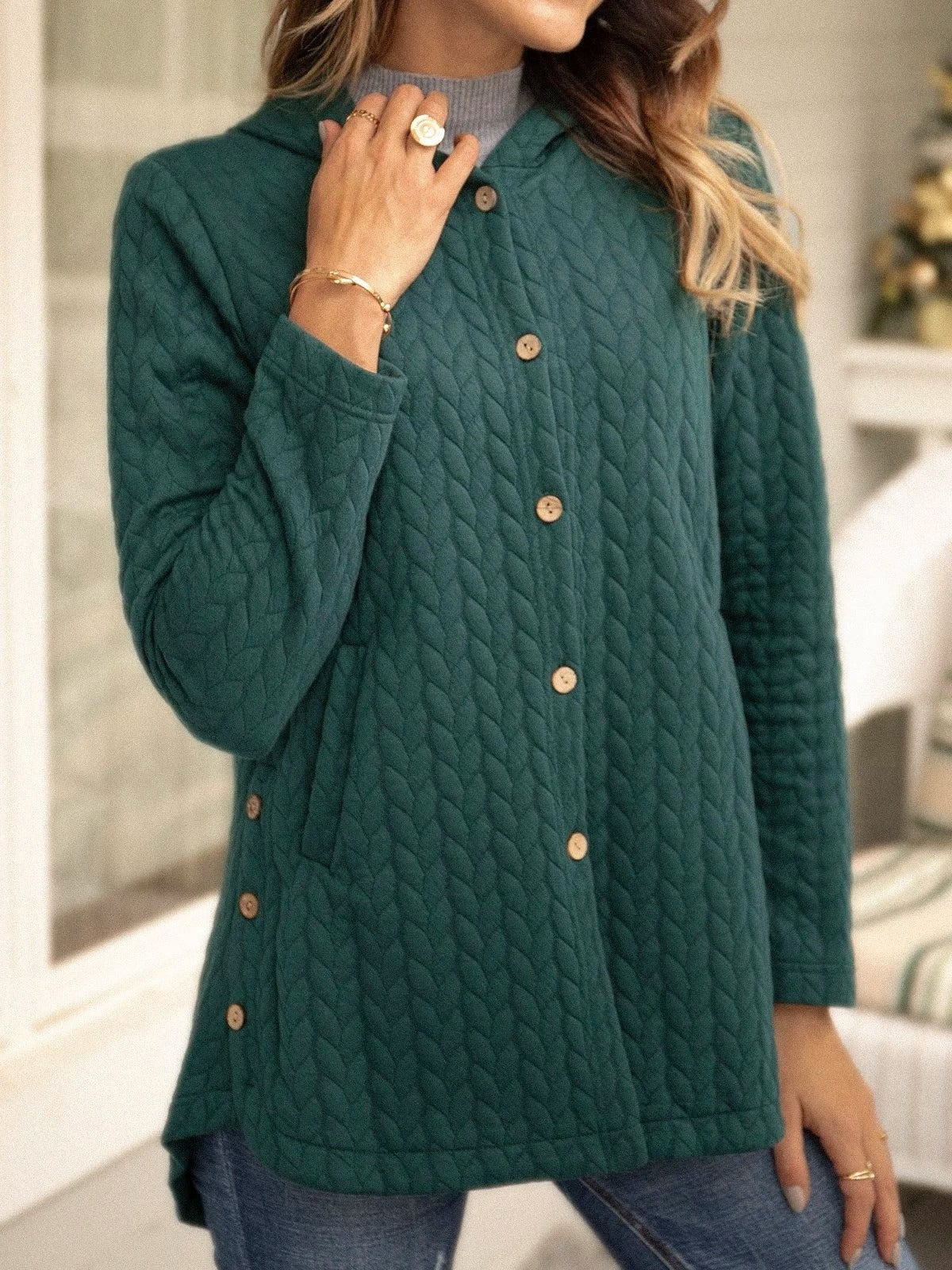 Sweater Dames Gewatteerd Relaxte Pasvorm Met Capuchon Knopen Groen