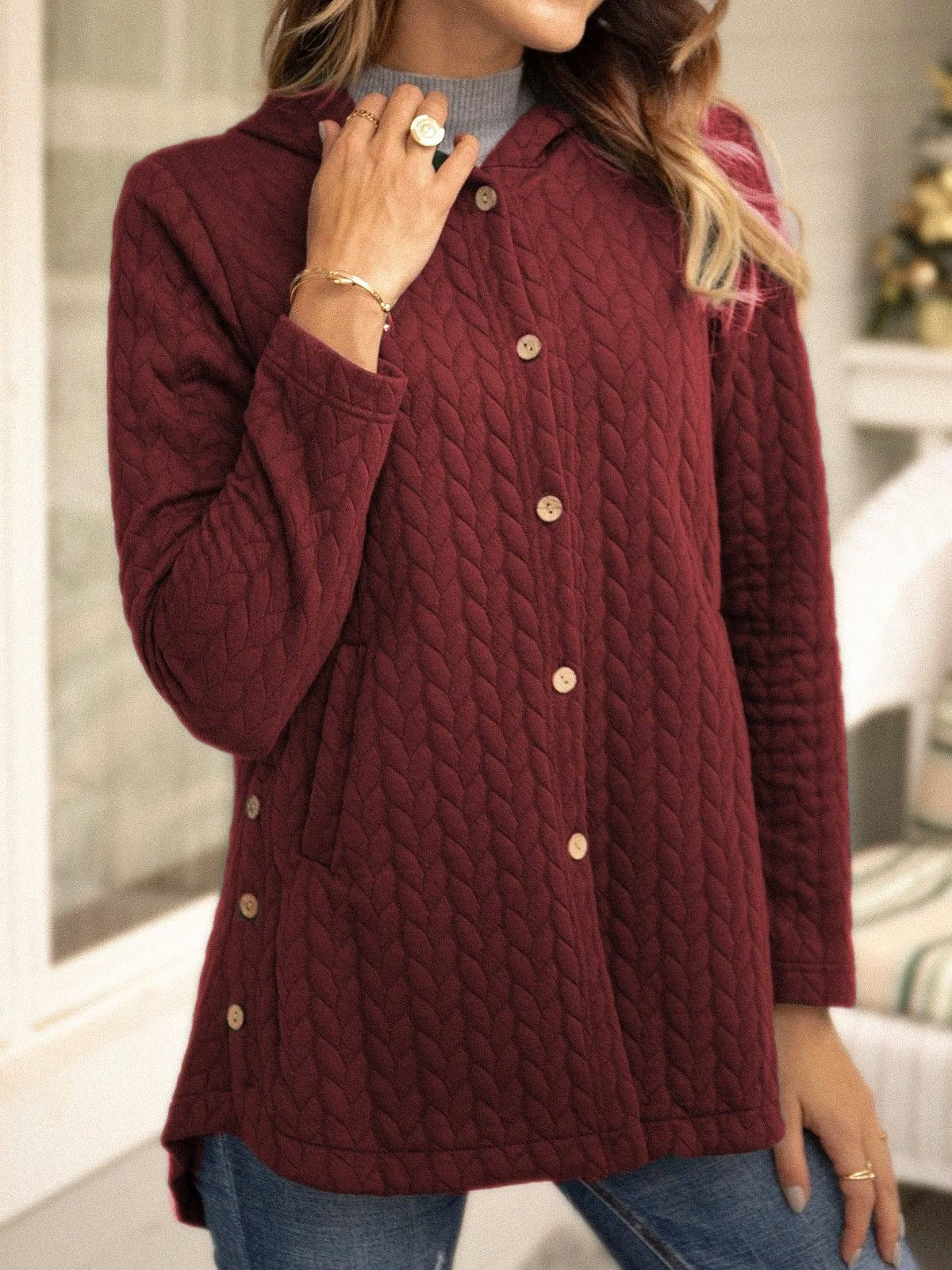 Sweater Dames Gewatteerd Relaxte Pasvorm Met Capuchon Knopen Wijnrood