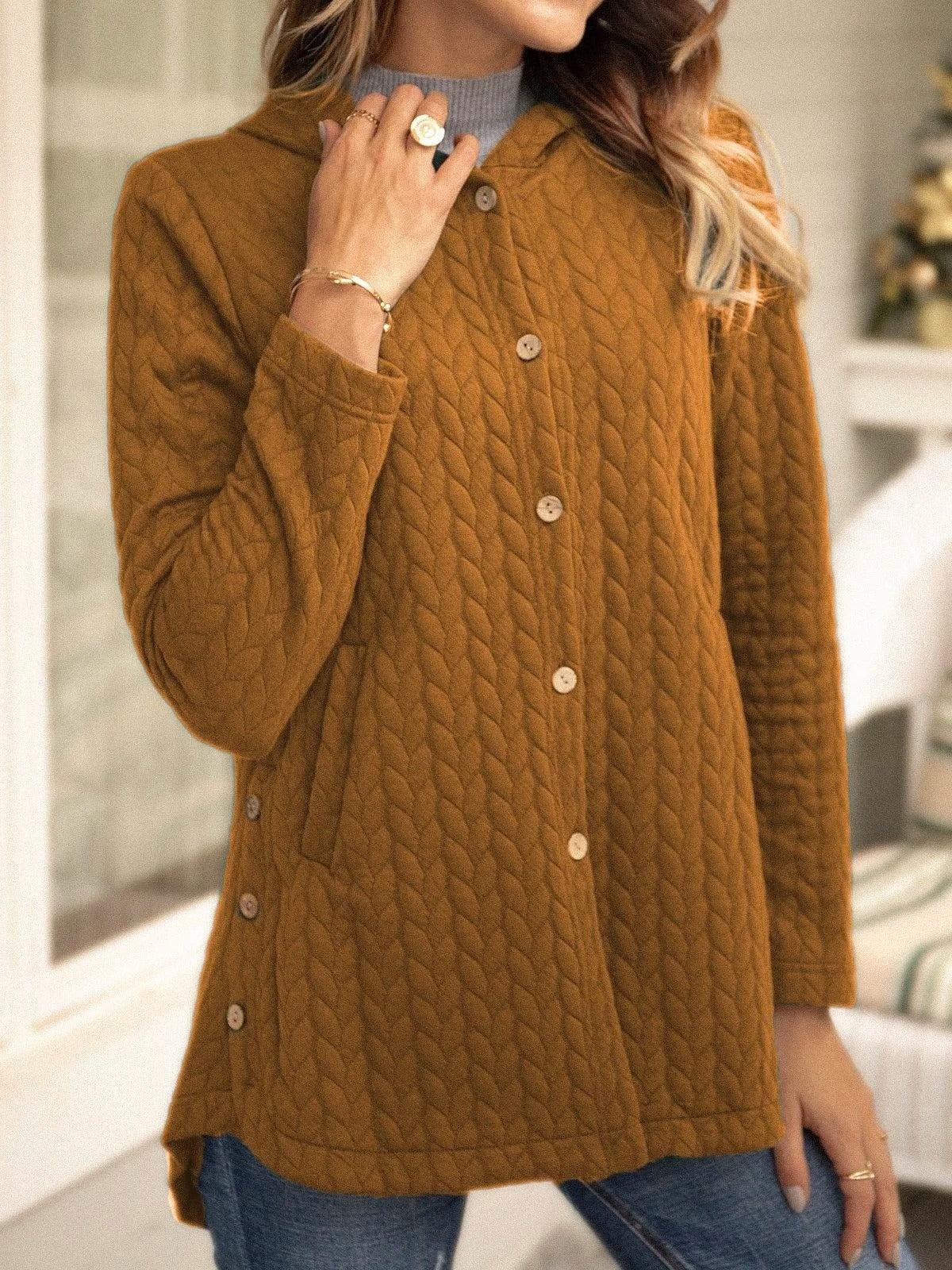 Sweater Dames Gewatteerd Relaxte Pasvorm Met Capuchon Knopen Bruin