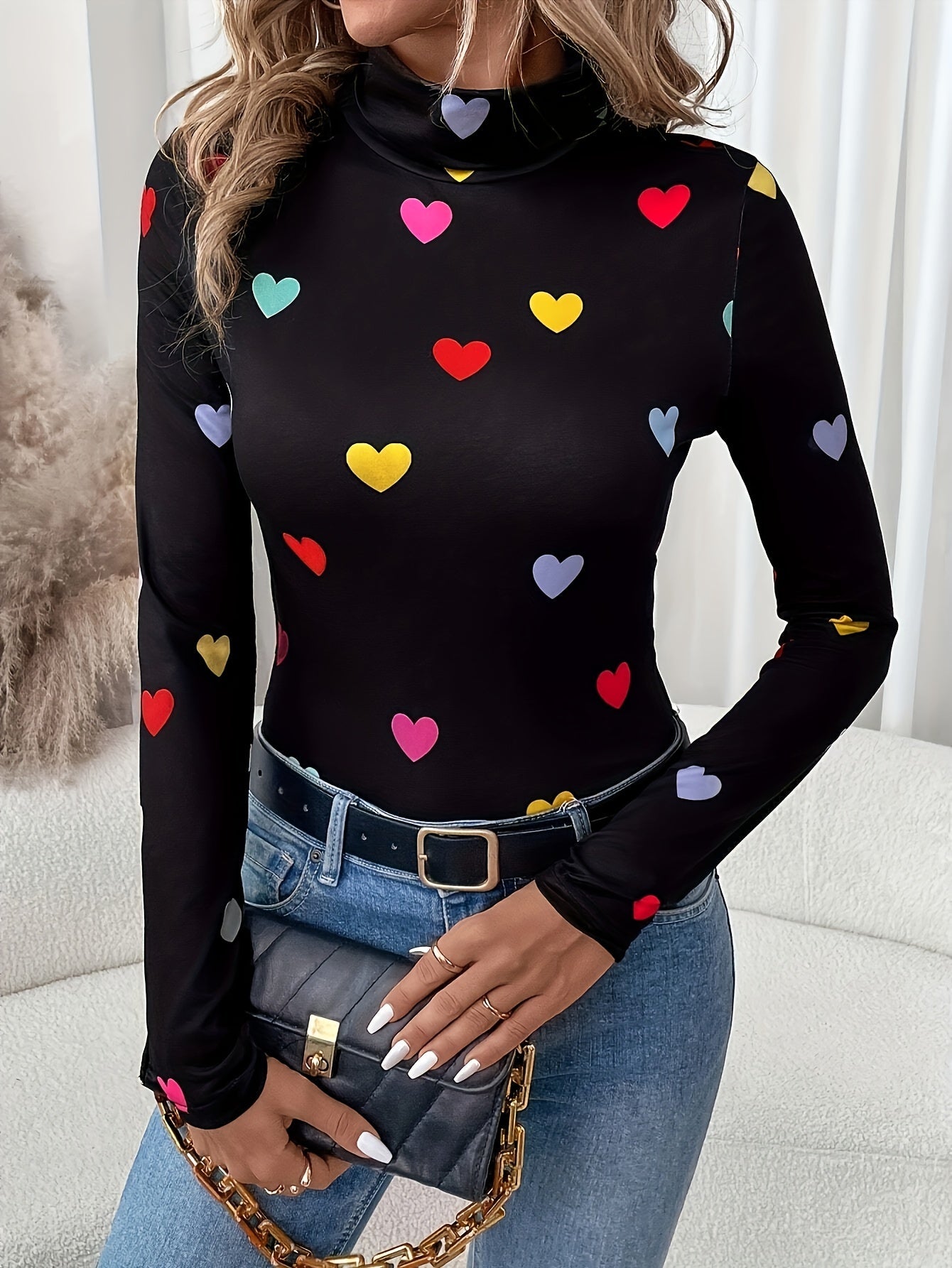 Dames T-shirt Hartjesprint Valentijnsdag met Lange Mouw Katoenmix