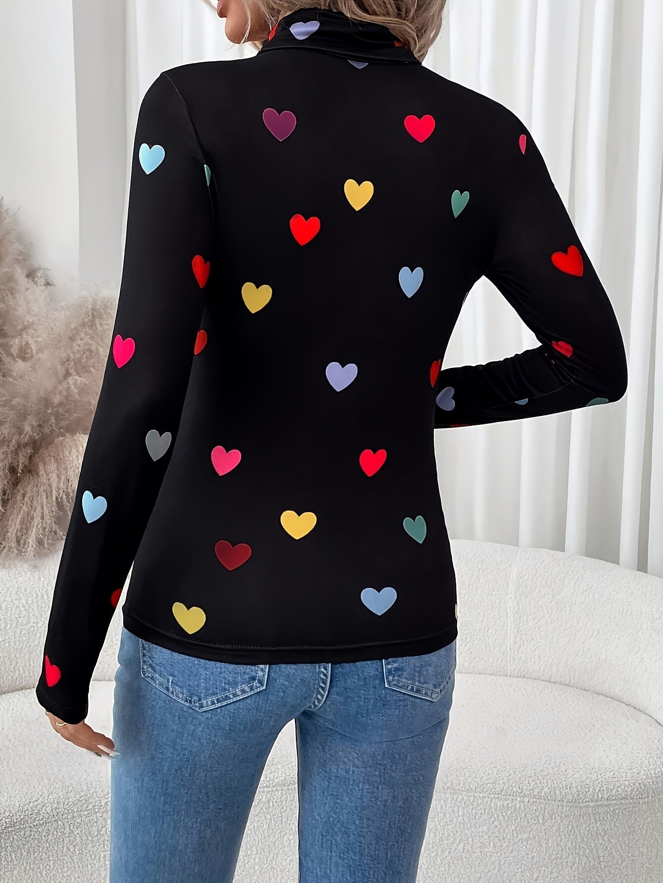 Dames T-shirt Hartjesprint Valentijnsdag met Lange Mouw Katoenmix