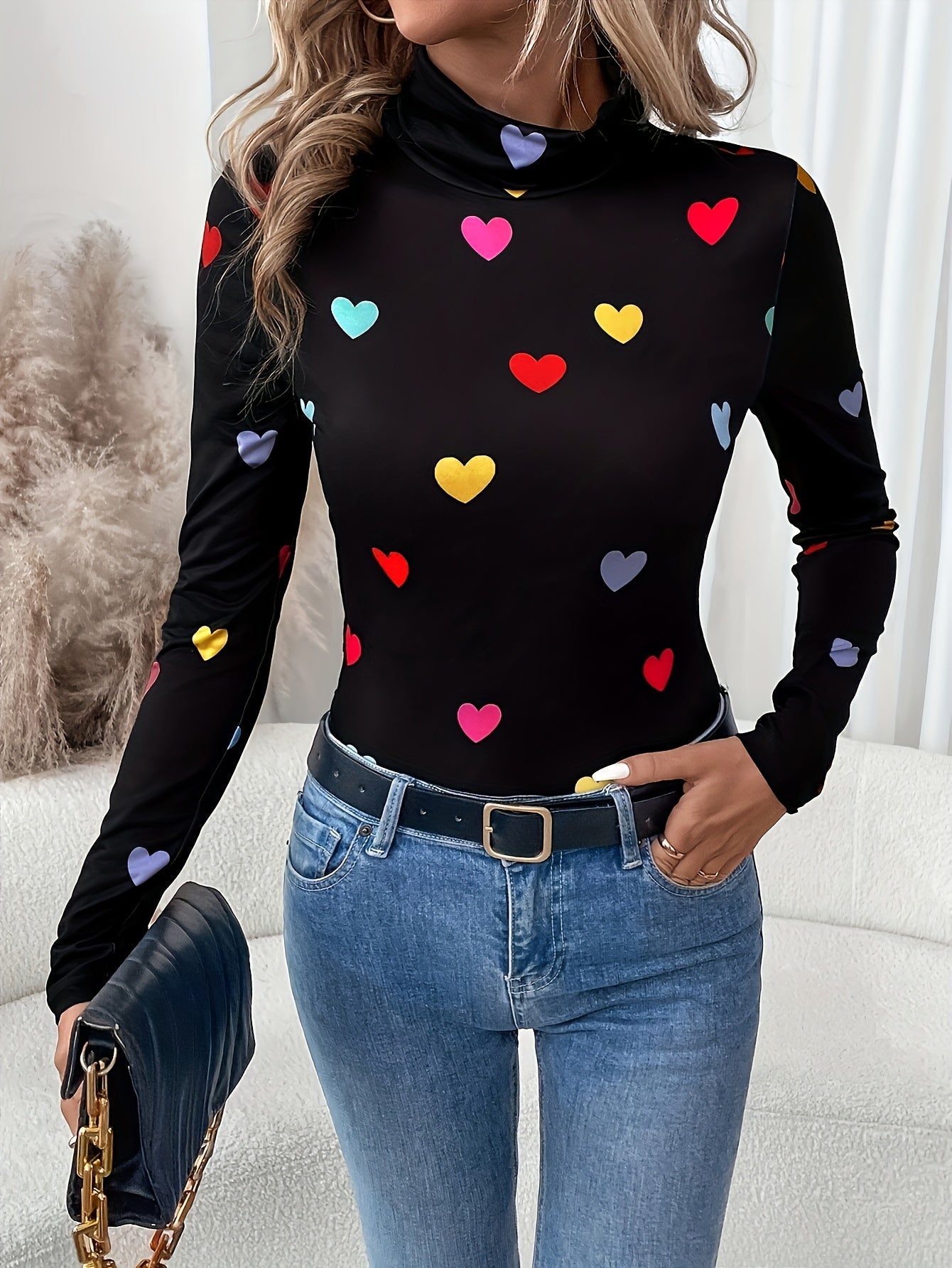 Dames T-shirt Hartjesprint Valentijnsdag met Lange Mouw Katoenmix