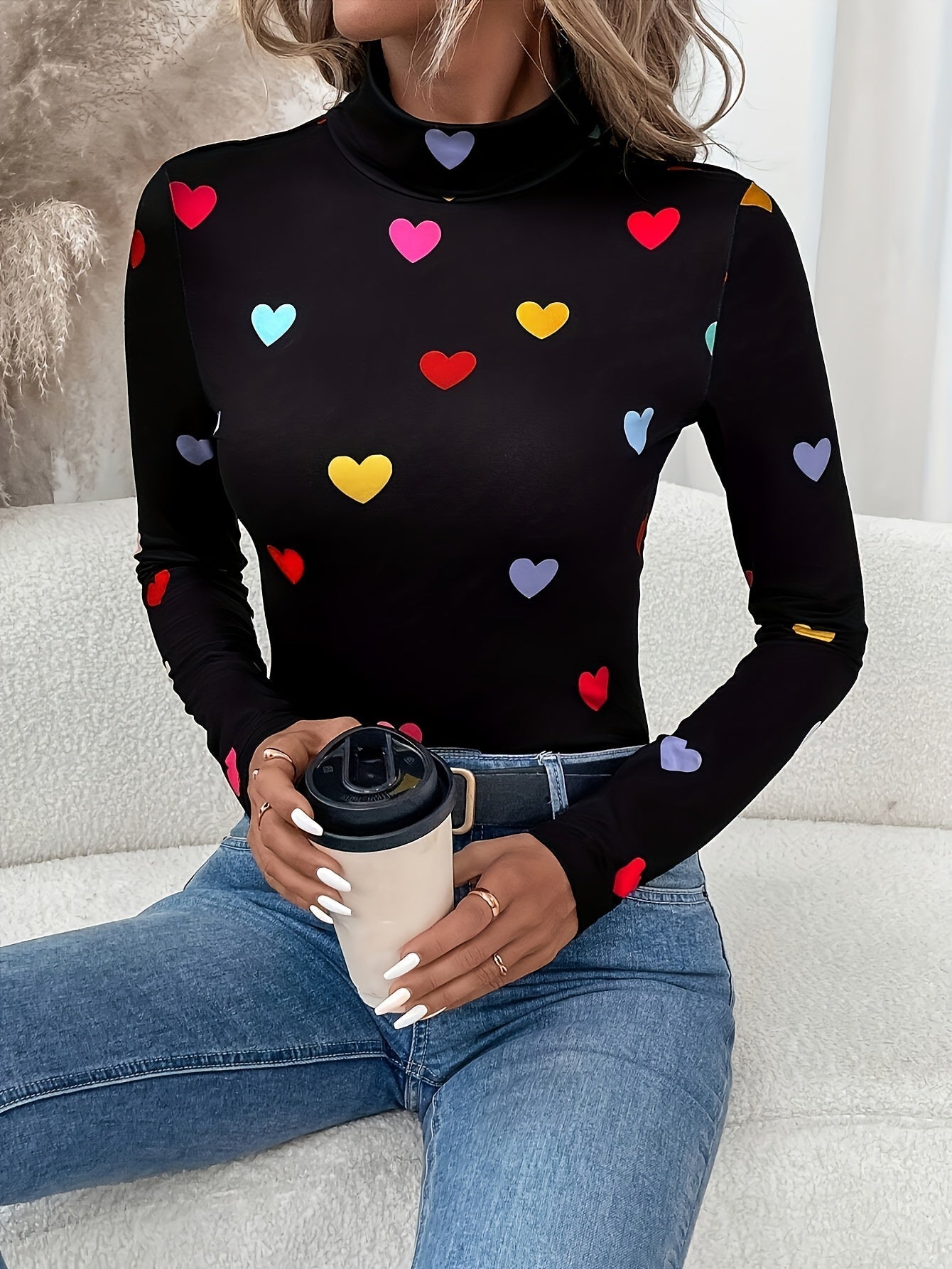 Dames T-shirt Hartjesprint Valentijnsdag met Lange Mouw Katoenmix