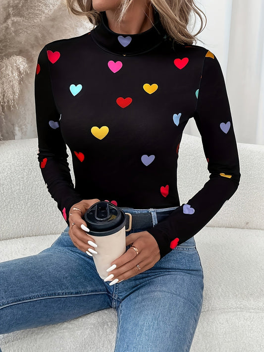 Dames T-shirt Hartjesprint Valentijnsdag met Lange Mouw Katoenmix