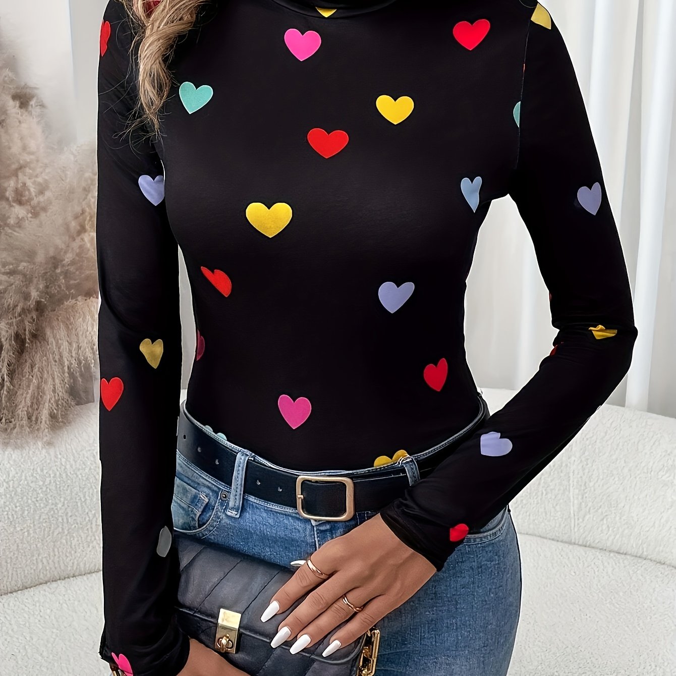 Dames T-shirt Hartjesprint Valentijnsdag met Lange Mouw Katoenmix Zwart