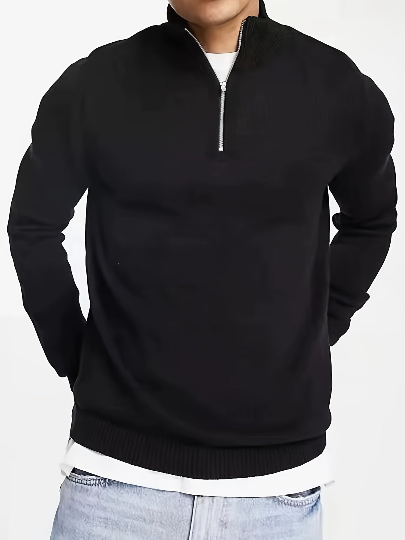 Casual herentrui met halve rits en col Ritssluiting Zwart