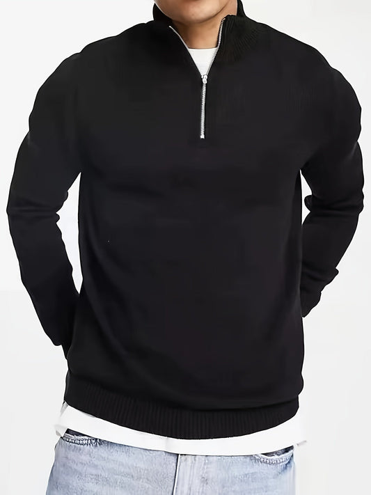 Casual herentrui met halve rits en col Ritssluiting Zwart