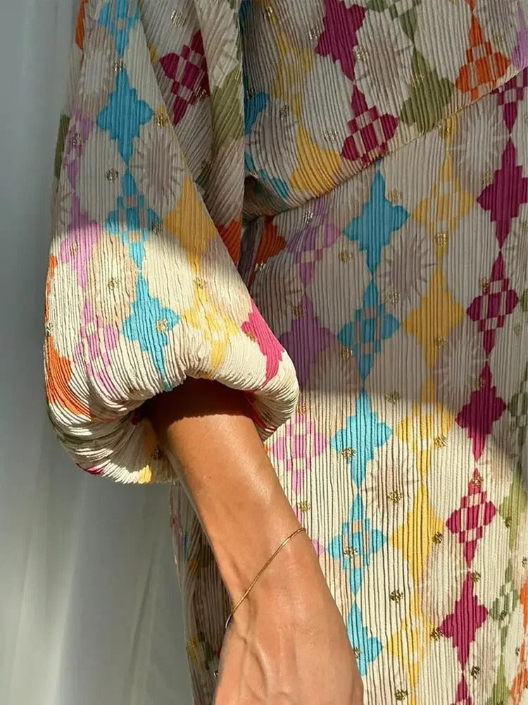 Avenari | Dames Jumpsuit – Relaxte Pasvorm – Geometrisch Patroon – Ademend – Shirtkraag – Lange Mouwen