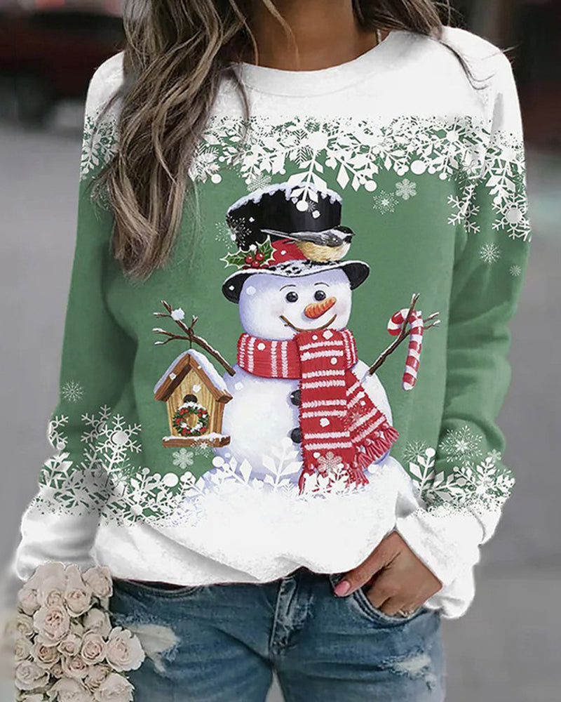 Dames Meerkleurig Kerstsweatshirt met Sneeuwpoppen Katoenmix Groen