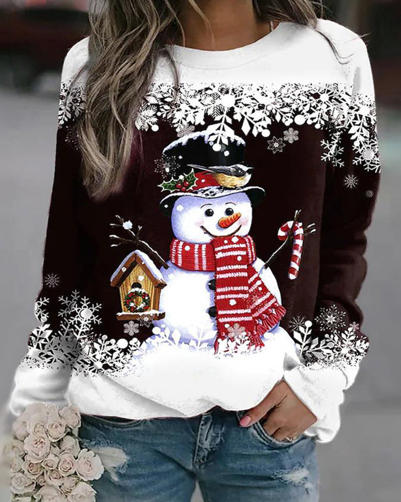 Dames Meerkleurig Kerstsweatshirt met Sneeuwpoppen Katoenmix Koffie