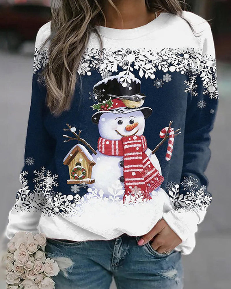 Dames Meerkleurig Kerstsweatshirt met Sneeuwpoppen Katoenmix Marineblauw