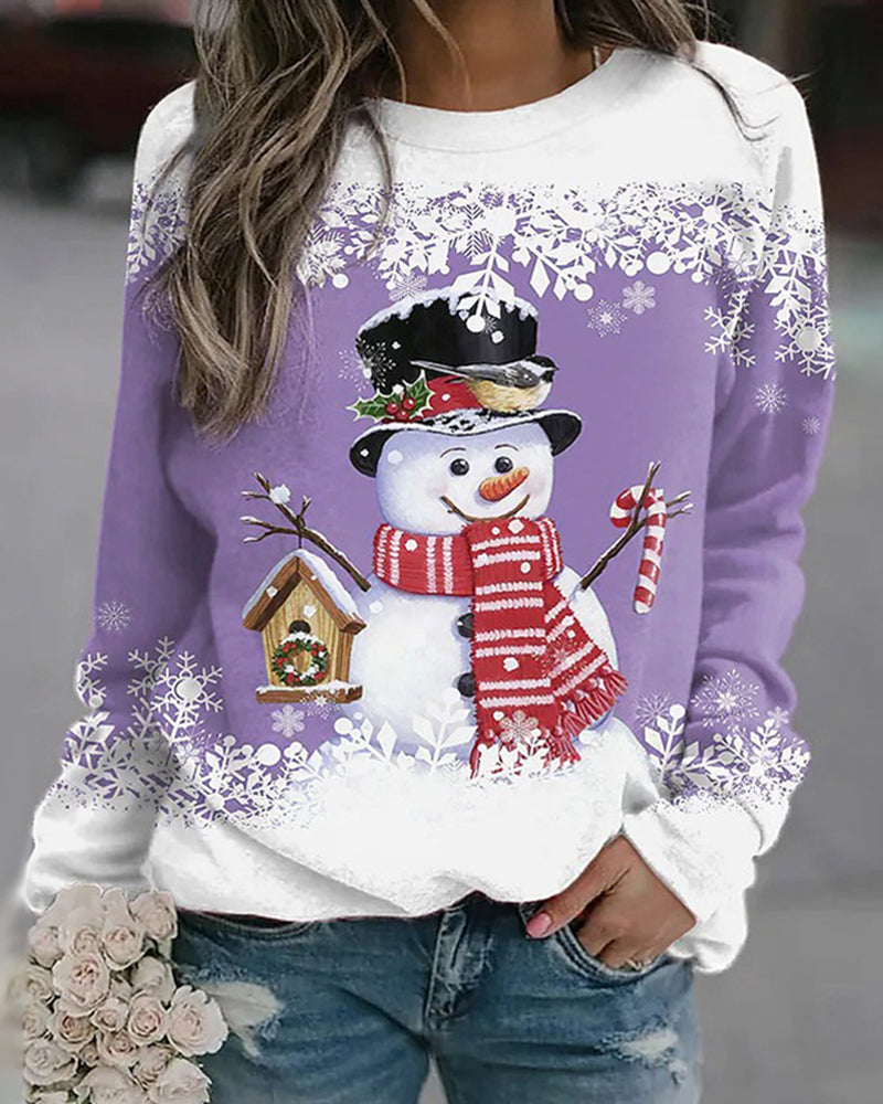 Dames Meerkleurig Kerstsweatshirt met Sneeuwpoppen Katoenmix Paars