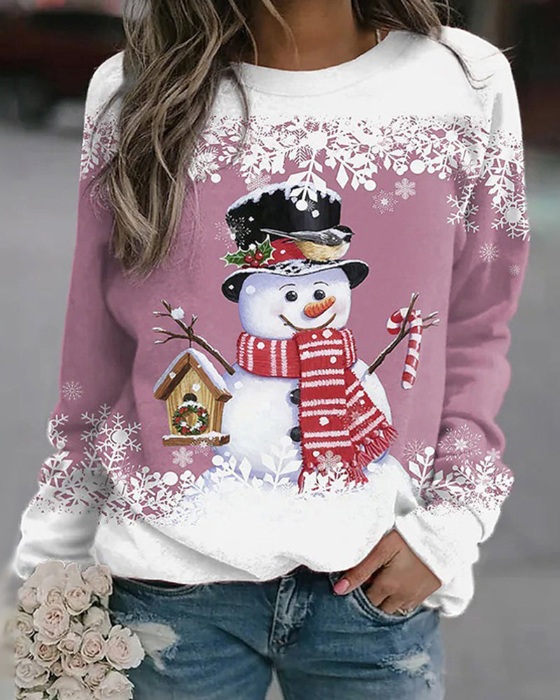 Dames Meerkleurig Kerstsweatshirt met Sneeuwpoppen Katoenmix Roze