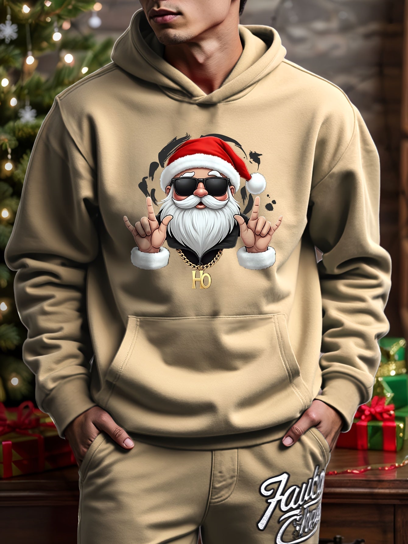 Heren Kerst Hoodie met Geometrisch Kerstman Patroon Abrikoos