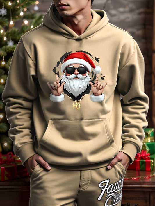 Heren Kerst Hoodie met Geometrisch Kerstman Patroon Abrikoos