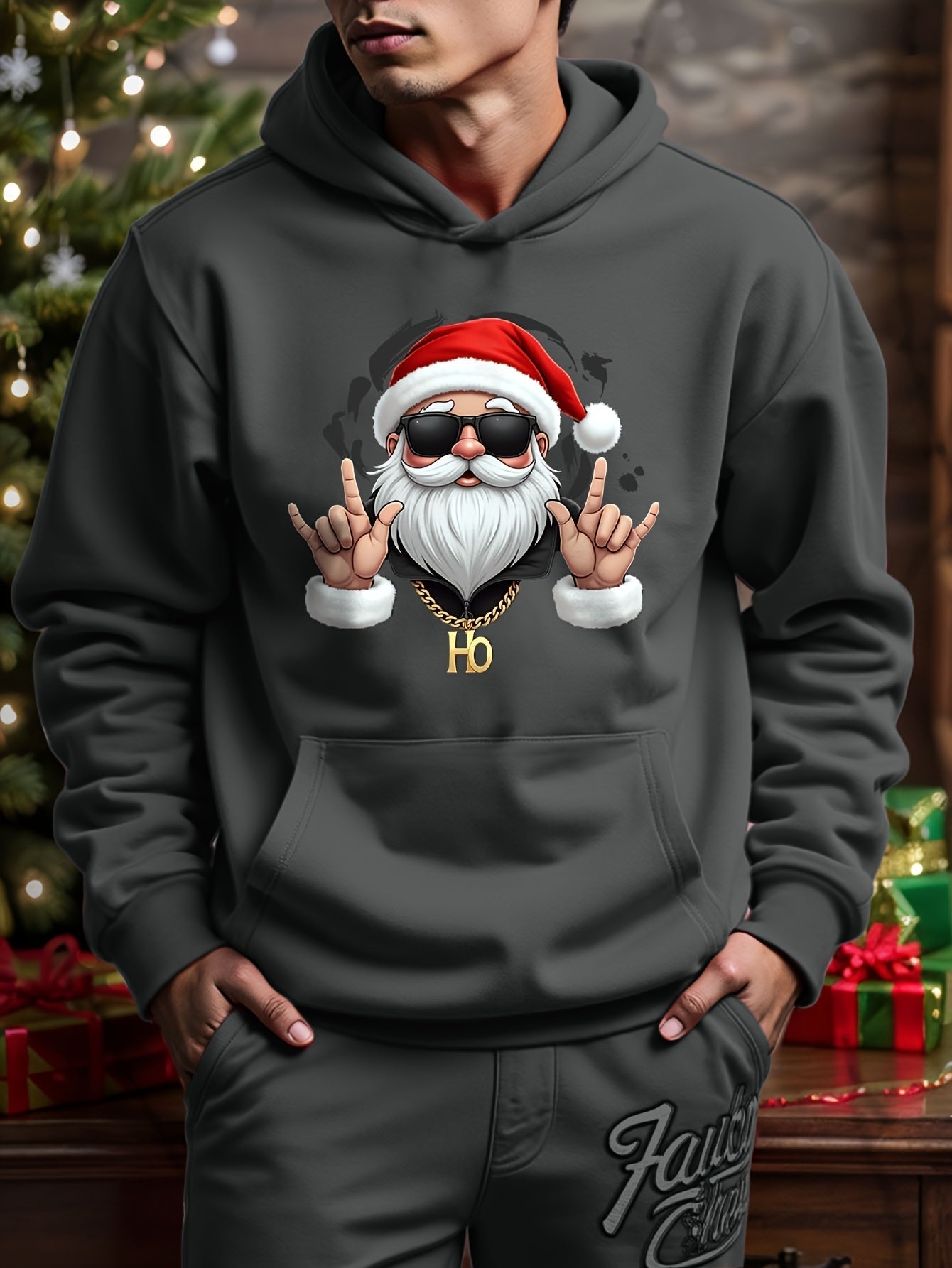 Heren Kerst Hoodie met Geometrisch Kerstman Patroon