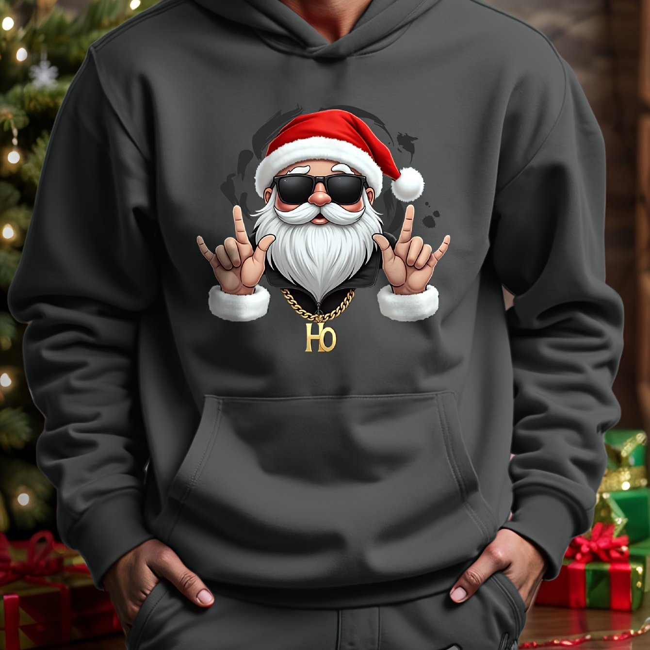 Heren Kerst Hoodie met Geometrisch Kerstman Patroon Grijs