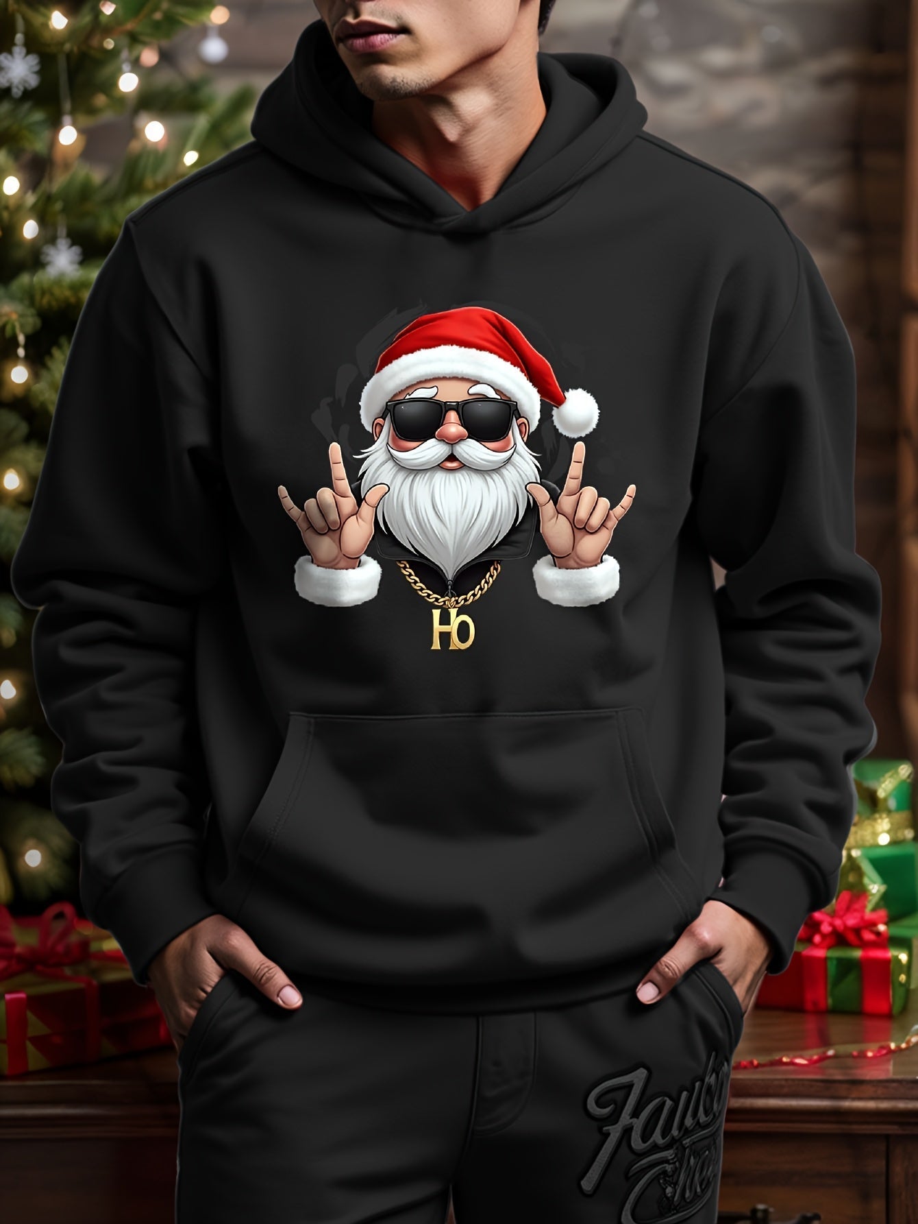Heren Kerst Hoodie met Geometrisch Kerstman Patroon Zwart