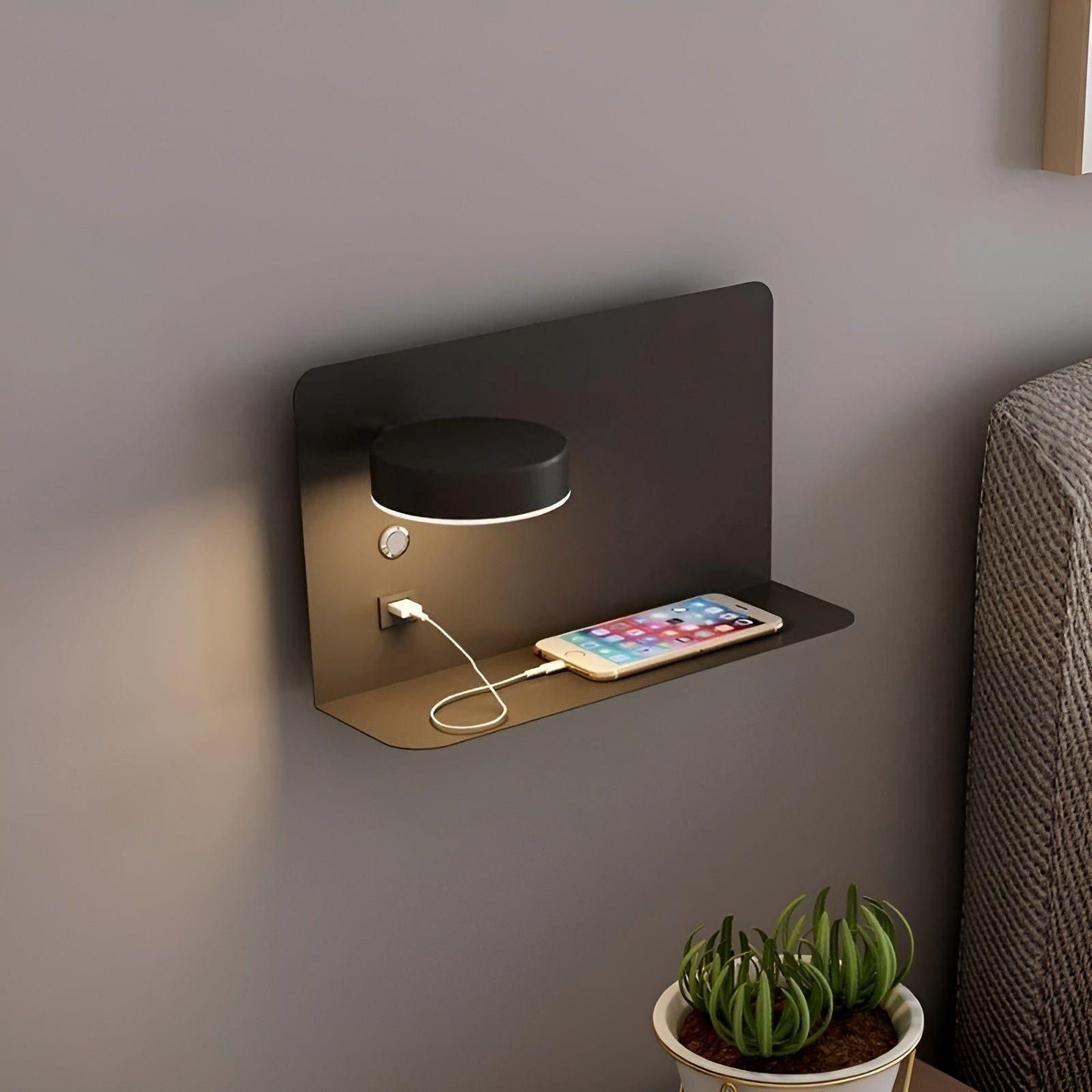LED Wandlamp met USB-oplader en Schakelaar - Compact Lichtgeel Muurlamp voor Binnengebruik Wandlampen SEREIN Zwart Rechts