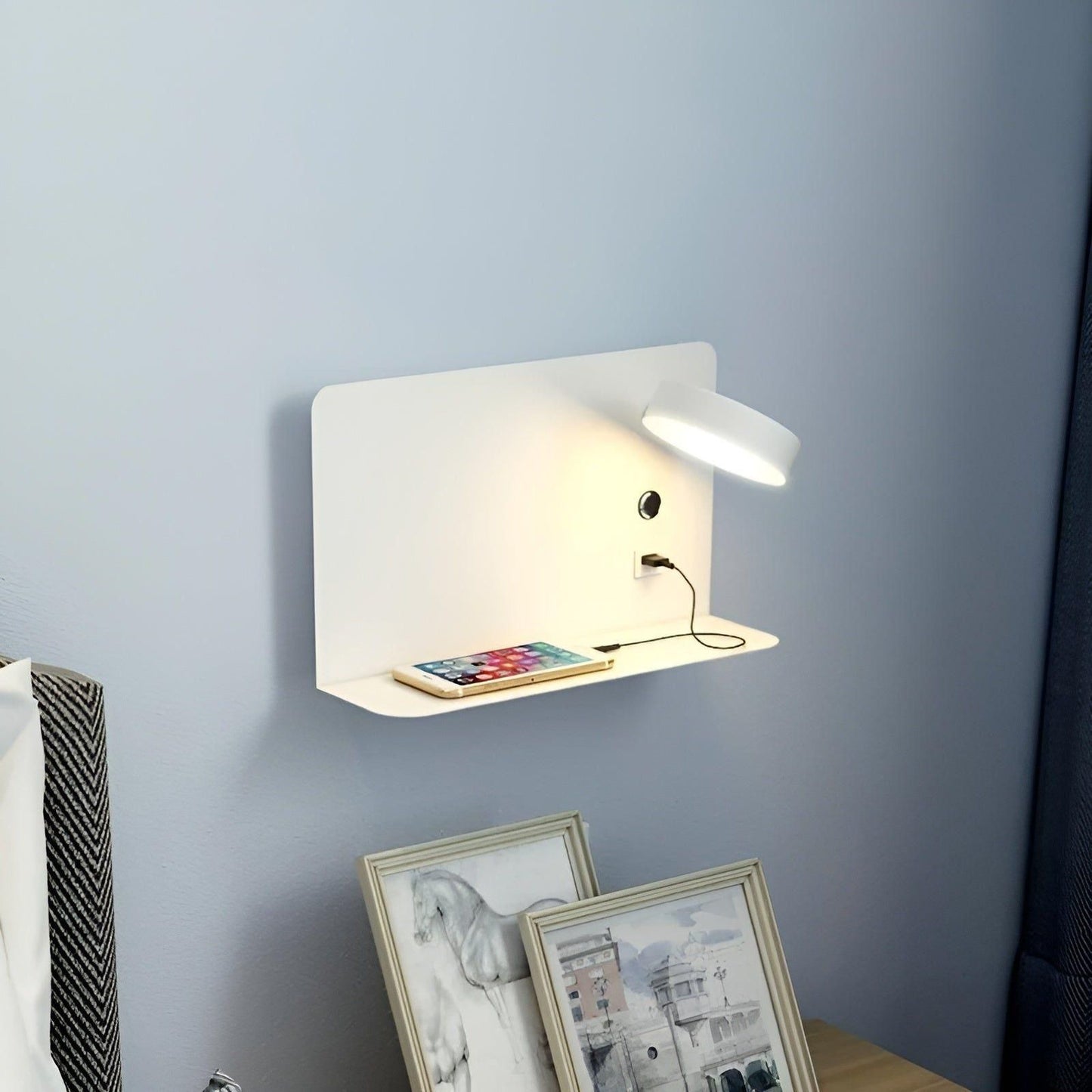 LED Wandlamp met USB-oplader en Schakelaar - Compact Lichtgeel Muurlamp voor Binnengebruik Wandlampen SEREIN Wit Links