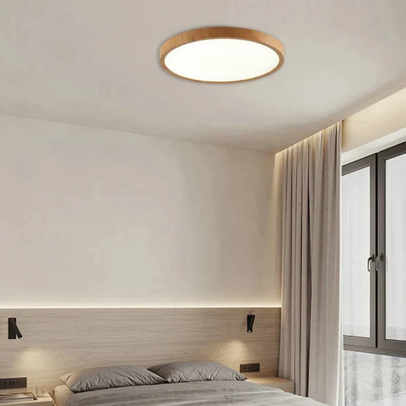 Ultradun Circulair Plafondlicht met Verstelbare LED Verlichting – Warm Walnootkleur, Modern Design voor Woonkamer en Slaapkamer