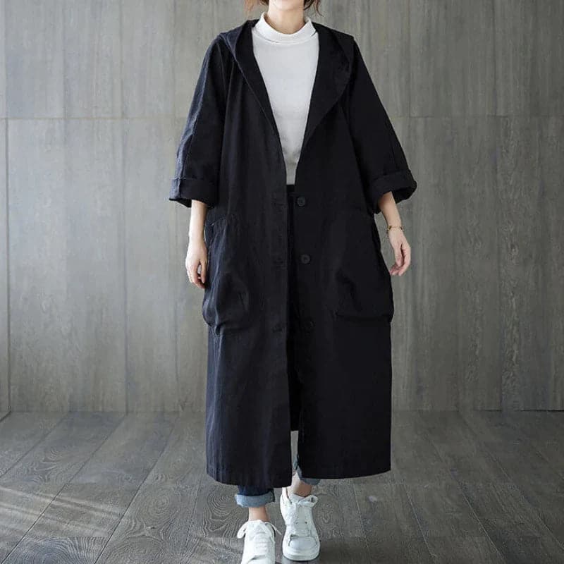 Trenchcoat Oversized Fit Long Length Hooded Large Pockets Zwart Eén maat