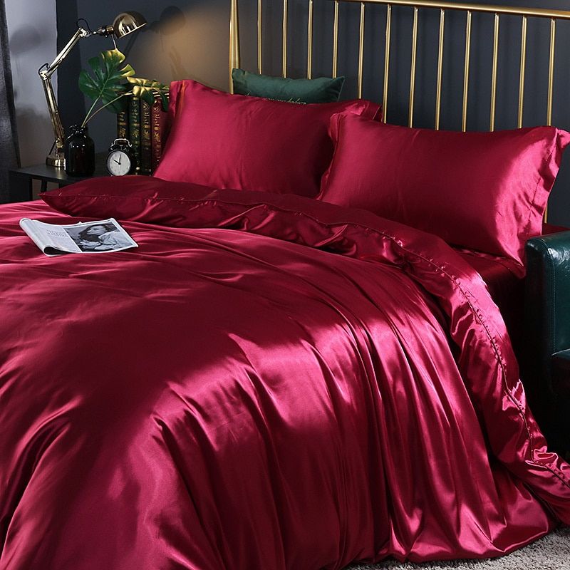 Luxe set (4 stuks) zijde/satijn bedlinnen dekbedovertrek-2x kussensloop-laken SEREIN Rood 150cm hoeslaken + Dekbed 200x 230cm + 2x kussensloop