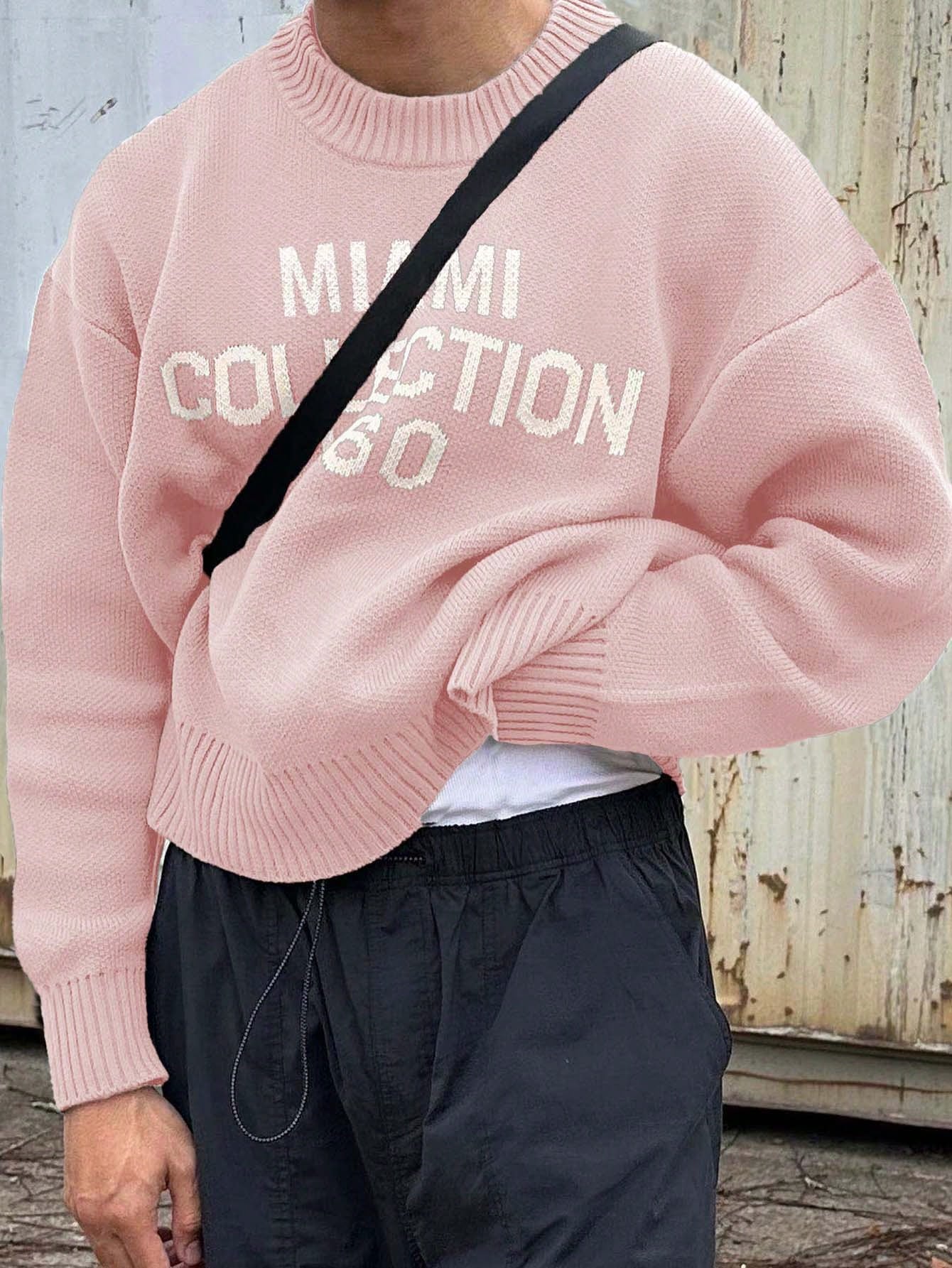 Heren Trui Gebreide Amerikaanse Streetstyle met Ronde Hals Roze