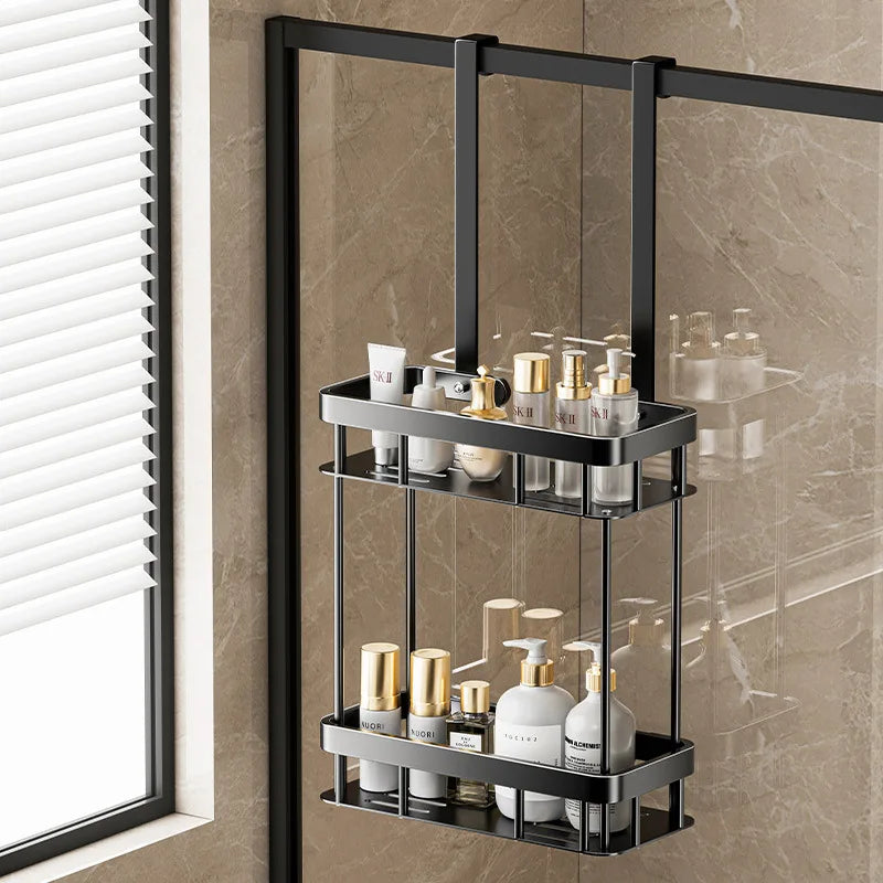 Ava No-Drill Douche Caddy | Strakke Glazen Deur Opslag & Handdoekrek 2 Delig
