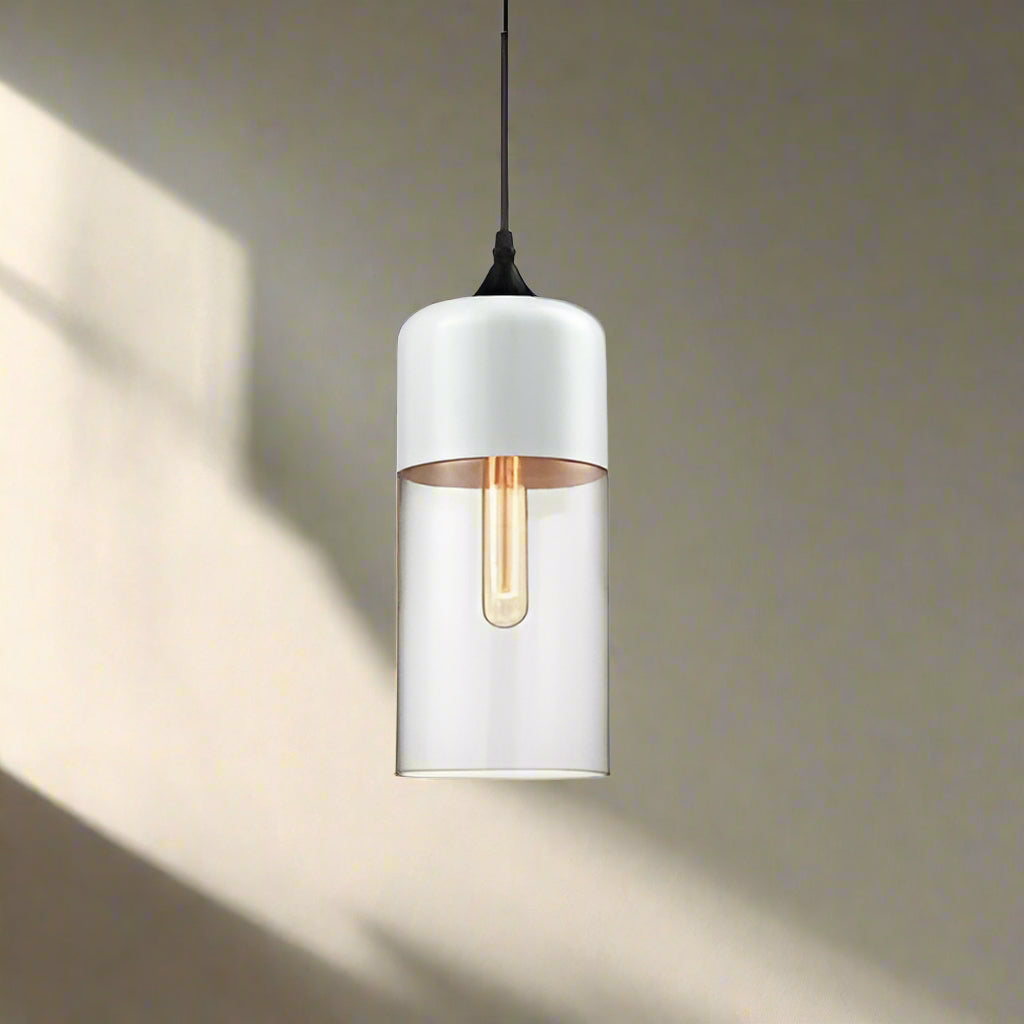Glühzauber - Luxe Hanglamp van Mondgeblazen Glas en Hout Wit Cilinder | Transparant