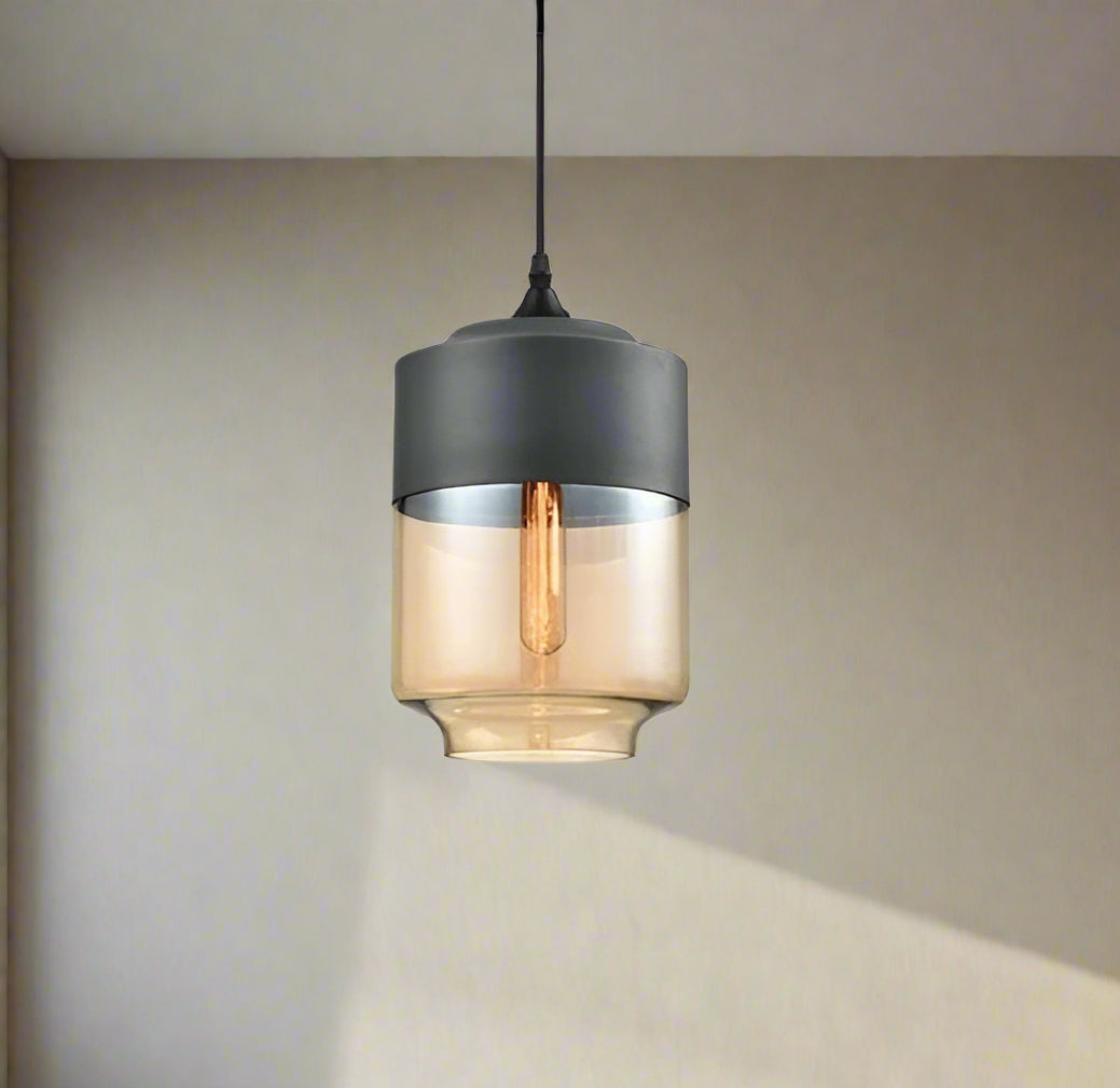 Glühzauber - Luxe Hanglamp van Mondgeblazen Glas en Hout Zwart Cilinder breed | Amber