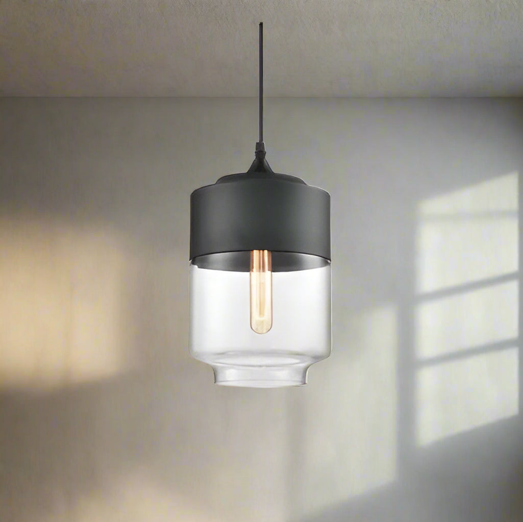 Glühzauber - Luxe Hanglamp van Mondgeblazen Glas en Hout Zwart Cilinder breed | Transparant