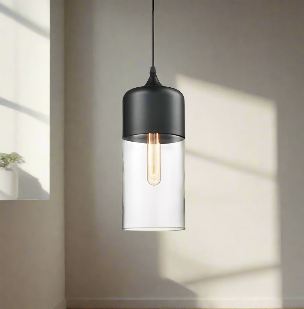 Glühzauber - Luxe Hanglamp van Mondgeblazen Glas en Hout Zwart Cilinder | Transparant