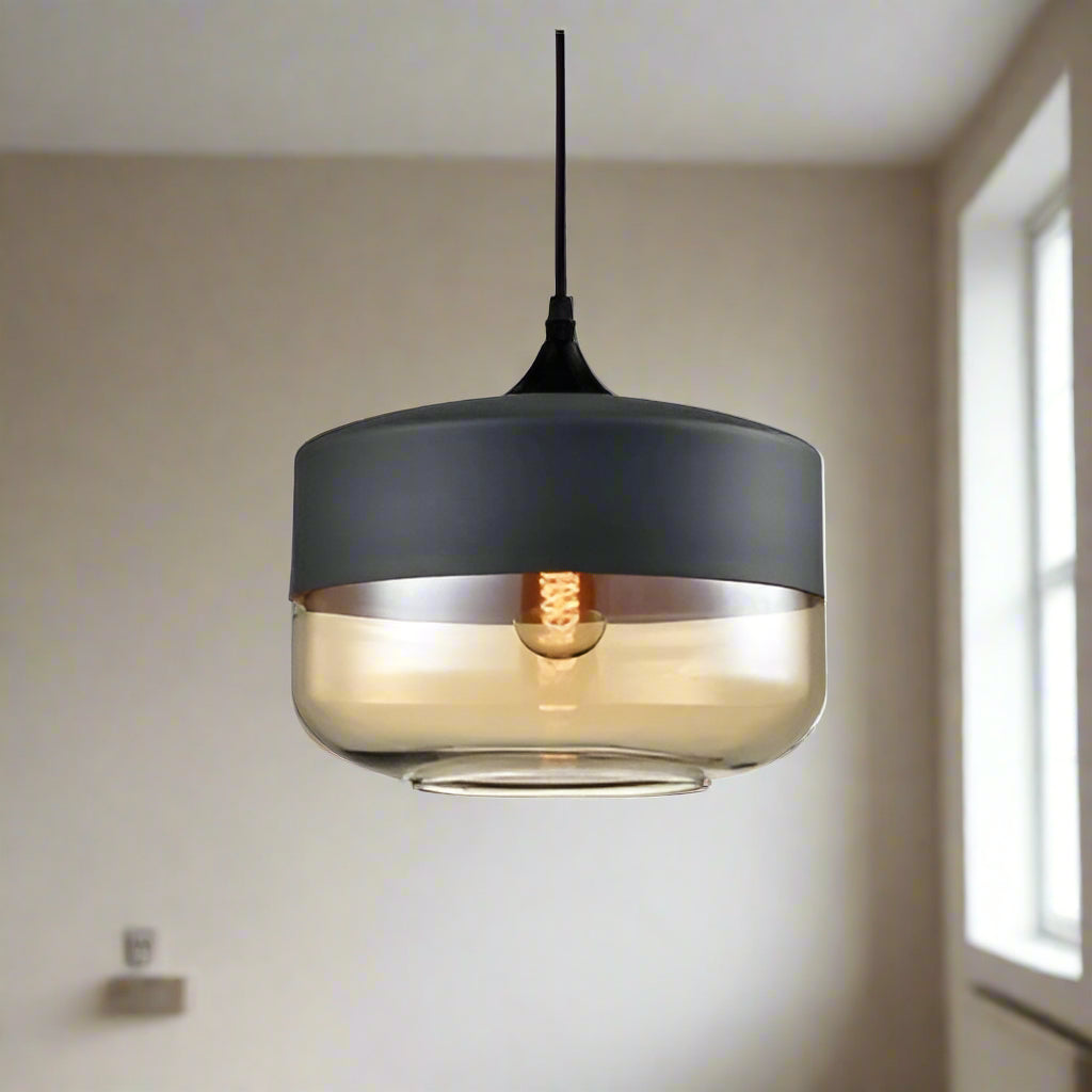 Glühzauber - Luxe Hanglamp van Mondgeblazen Glas en Hout Zwart Schaal | Amber