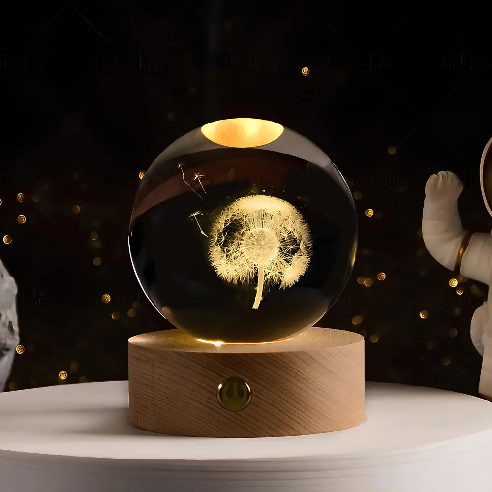 Solace - Kristallen Bal met 3D Gravure en Warm Wit Licht Dandelion