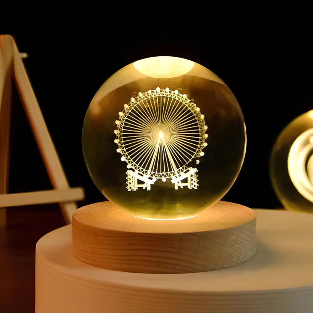 Solace - Kristallen Bal met 3D Gravure en Warm Wit Licht Ferris Wheel