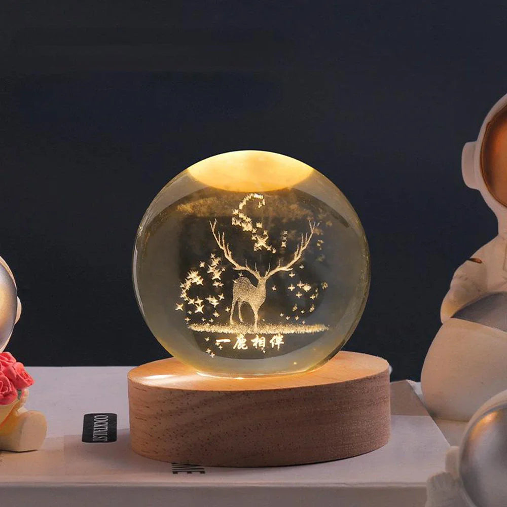 Solace - Kristallen Bal met 3D Gravure en Warm Wit Licht Reindeer