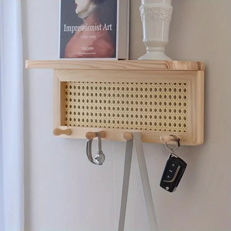 Vintage Houten Wandplank met Haakjes – Stijlvolle Opberger voor Hal, Kantoor of Woonkamer