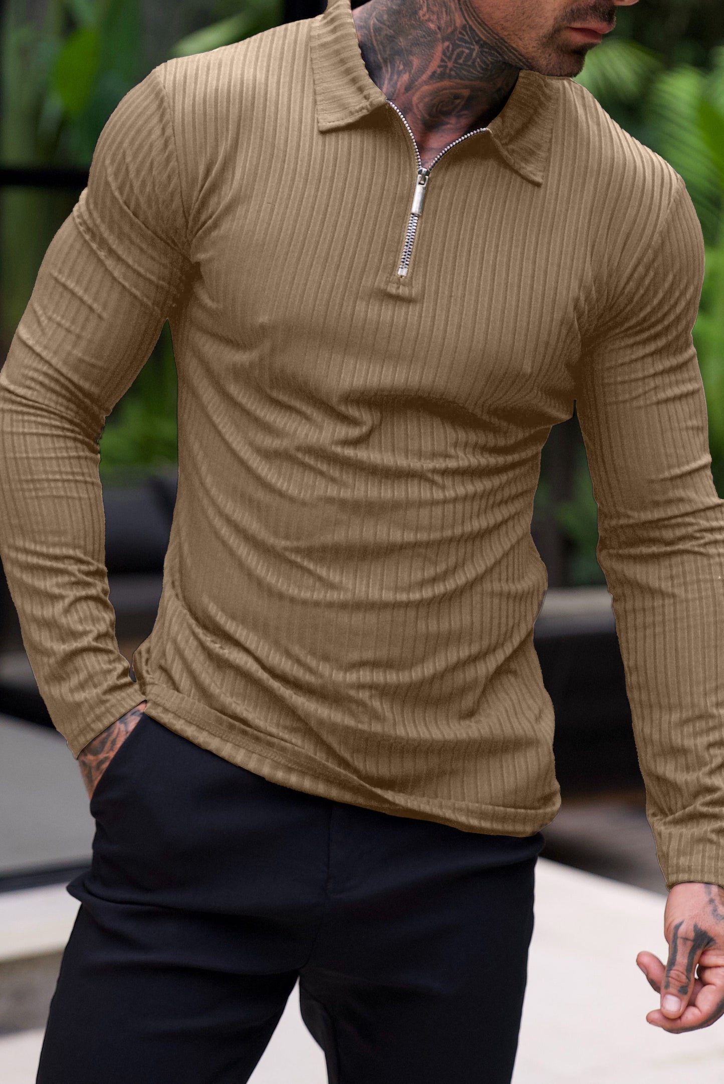 Heren Half-Zip Pullover Katoen Slim Fit Khaki