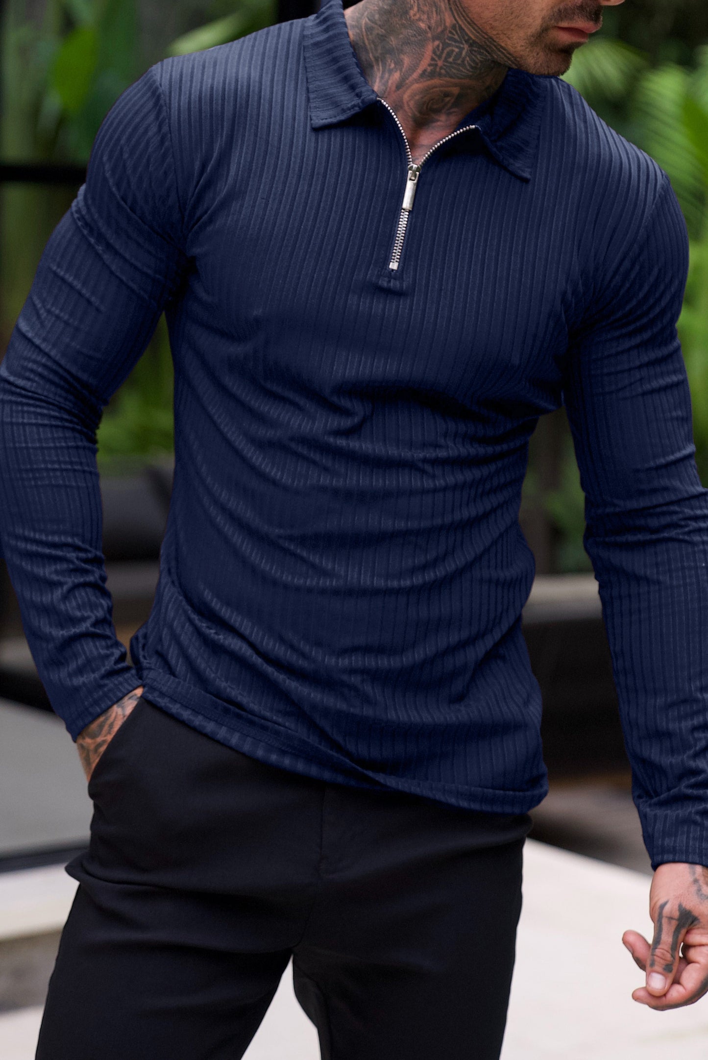 Heren Half-Zip Pullover Katoen Slim Fit Marineblauw