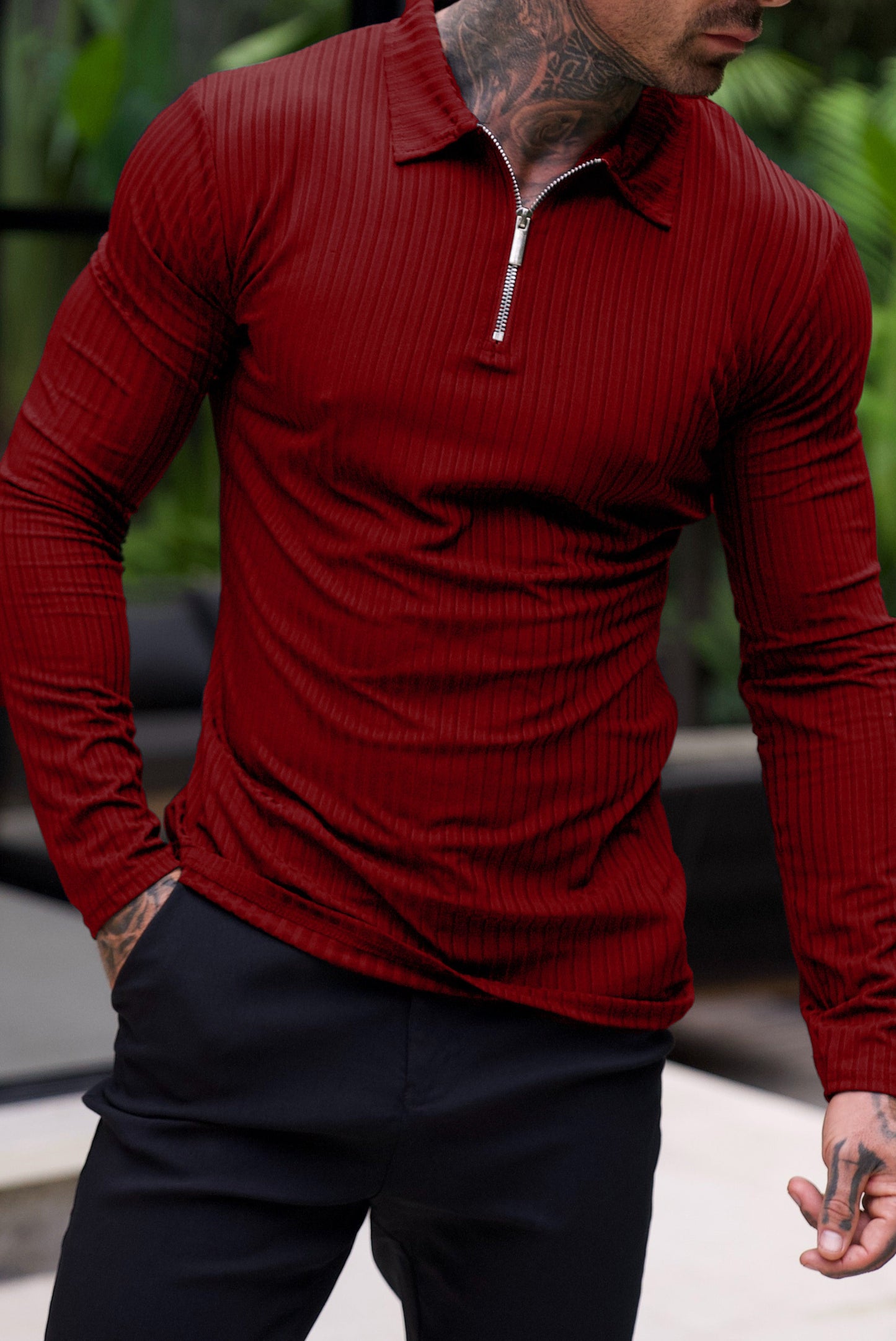 Heren Half-Zip Pullover Katoen Slim Fit Rood
