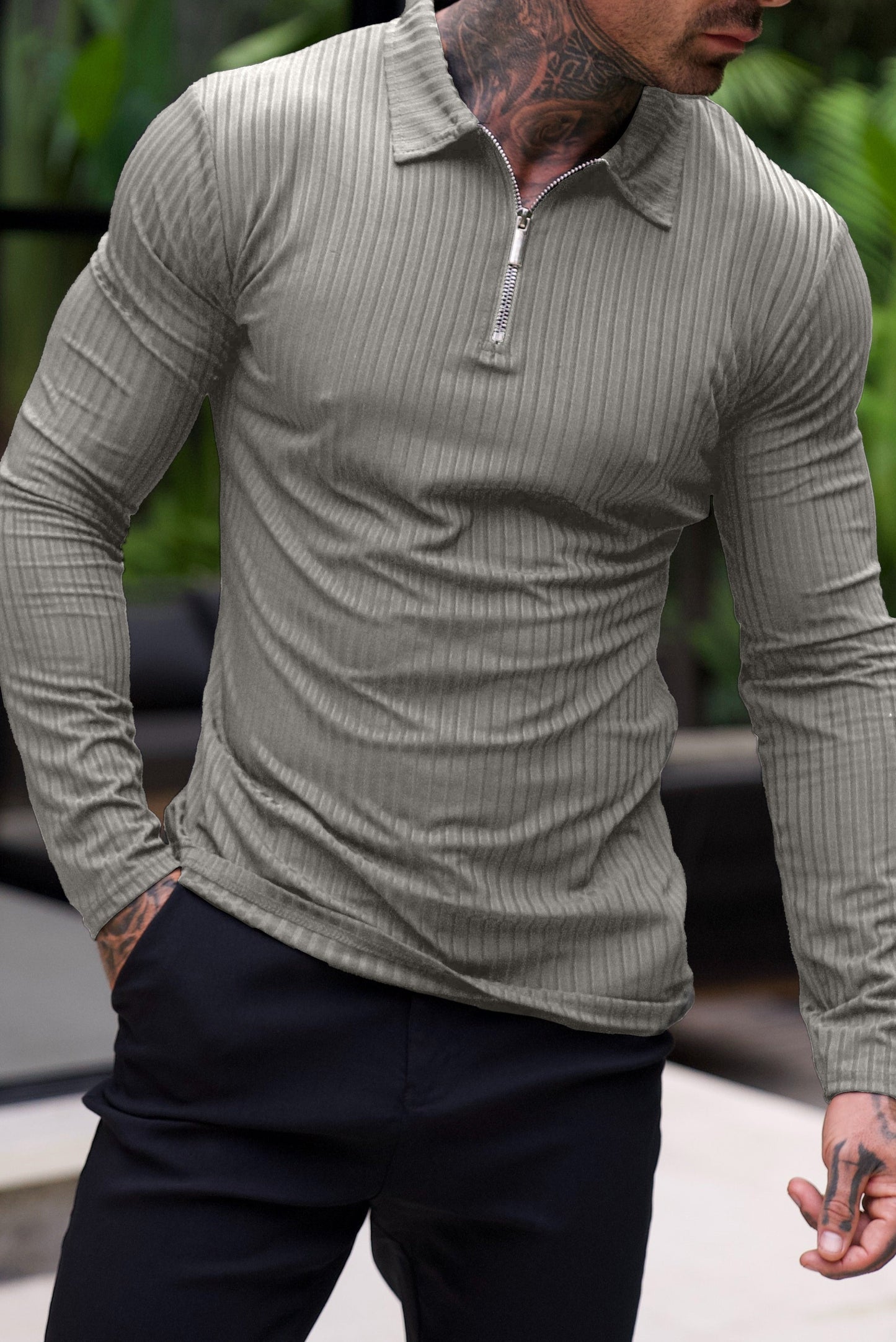 Heren Half-Zip Pullover Katoen Slim Fit Grijs