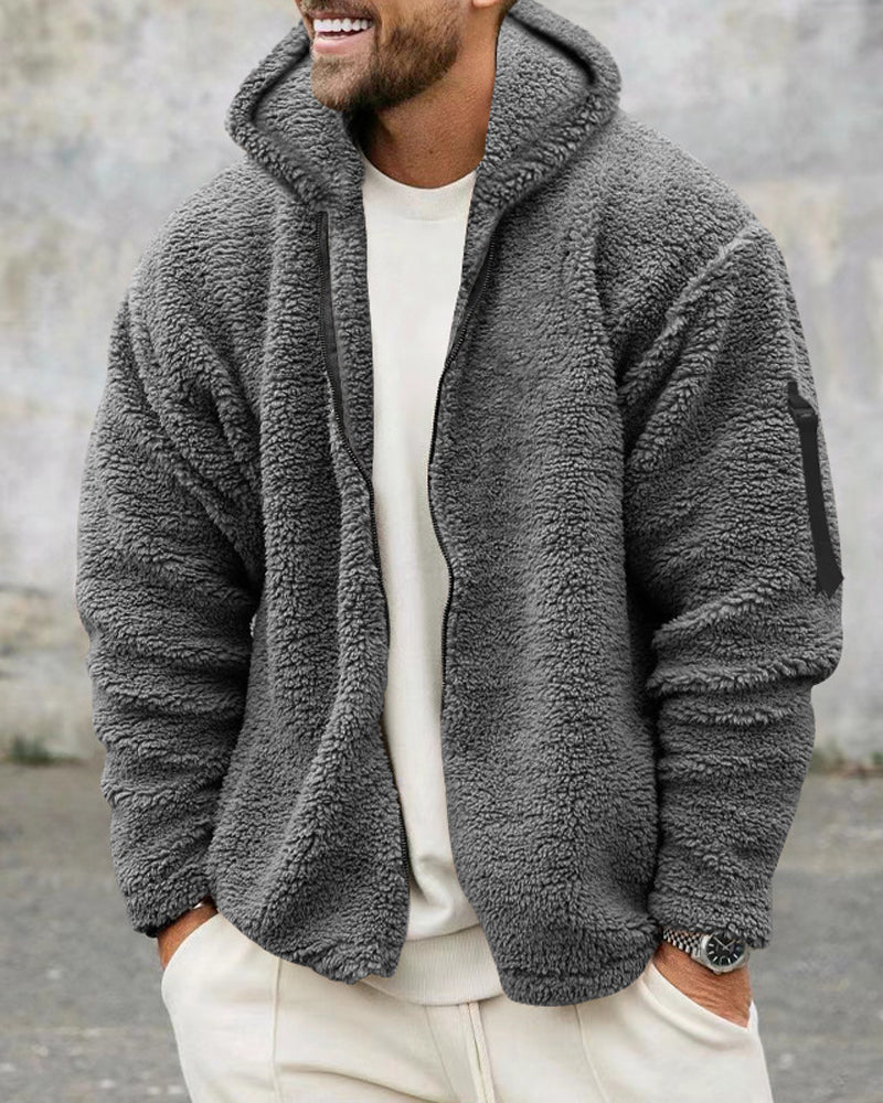 Thermische Zip Trui met Capuchon Namaakbont Katoen Zak Grijs