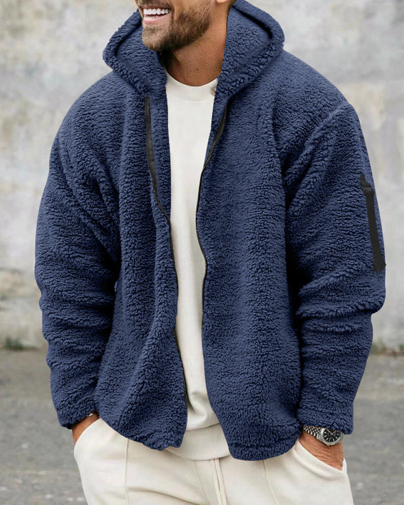 Thermische Zip Trui met Capuchon Namaakbont Katoen Zak Marineblauw