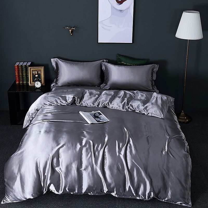 Luxe set (4 stuks) zijde/satijn bedlinnen dekbedovertrek-2x kussensloop-laken SEREIN Donkerzilver 150cm hoeslaken + Dekbed 200x 230cm + 2x kussensloop