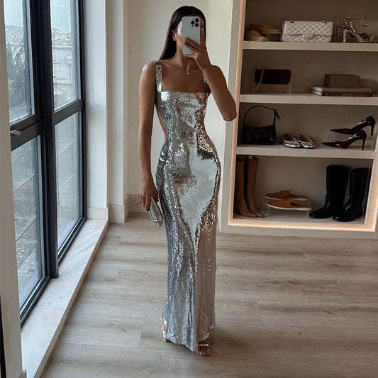 Shay Sequin Cut Out Maxi Jurk Zilver